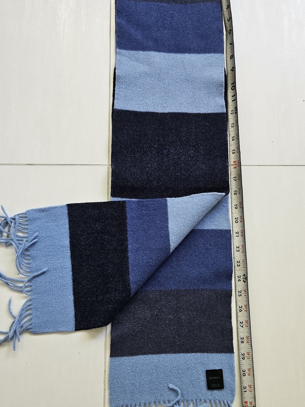 Express Unisex Light Blue & Navy Striped Scarf, 90% Merino wool 10% cashmere.
